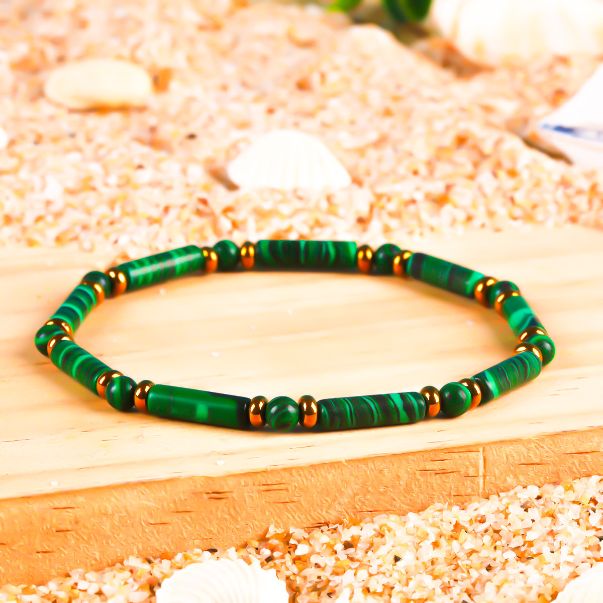 Natural Malachite Tube Bead Bracelet, Unisex Wealth Attraction
